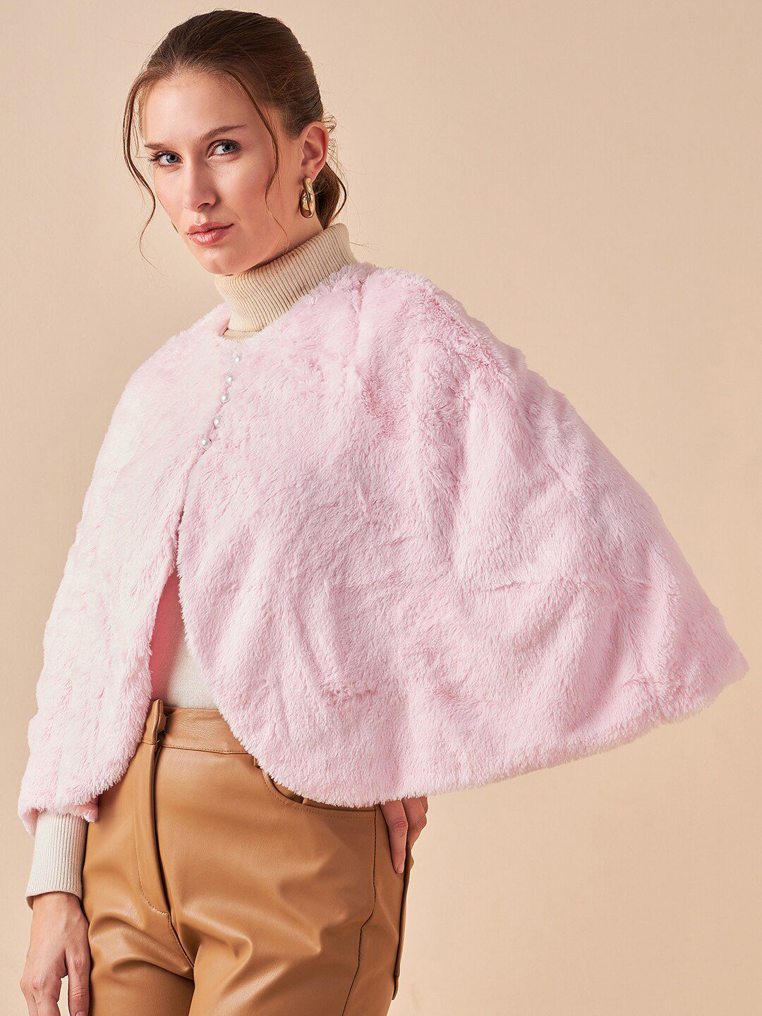 Antheaa V-Neck Three-Quarter Sleeve Button Detail Poncho Sweater