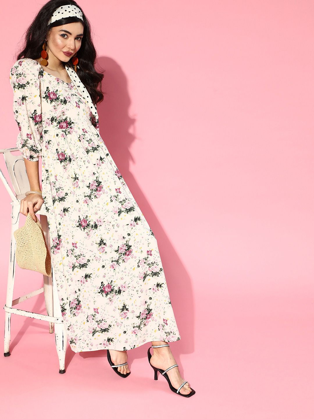 Berrylush Beige & Pink Floral Maxi Dress