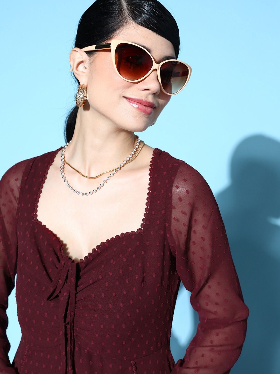 Berrylush Burgundy Swiss Dot Tied Dobby Georgette Mesh Maxi Dress