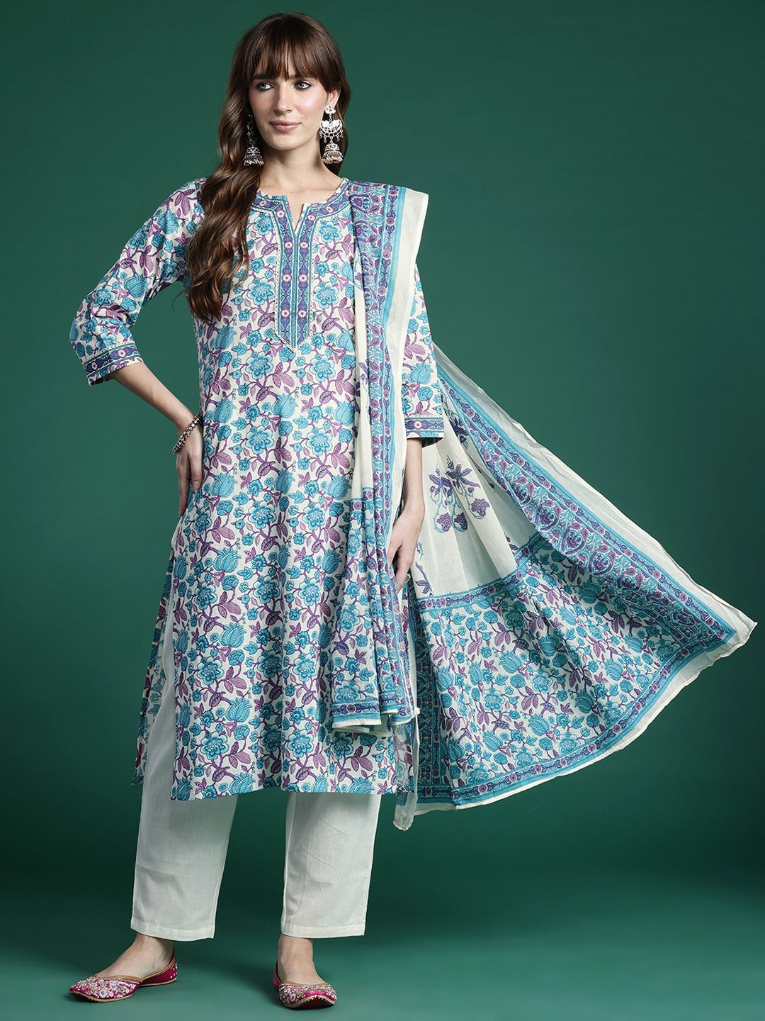 Indo Era Floral Printed Regular Pure Cotton Kurta with Trousers & Dupatta