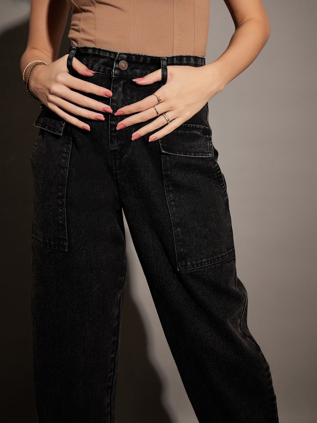 SASSAFRAS Black High-Rise Acid Wash Cropped Clean Look Stretchable Jeans