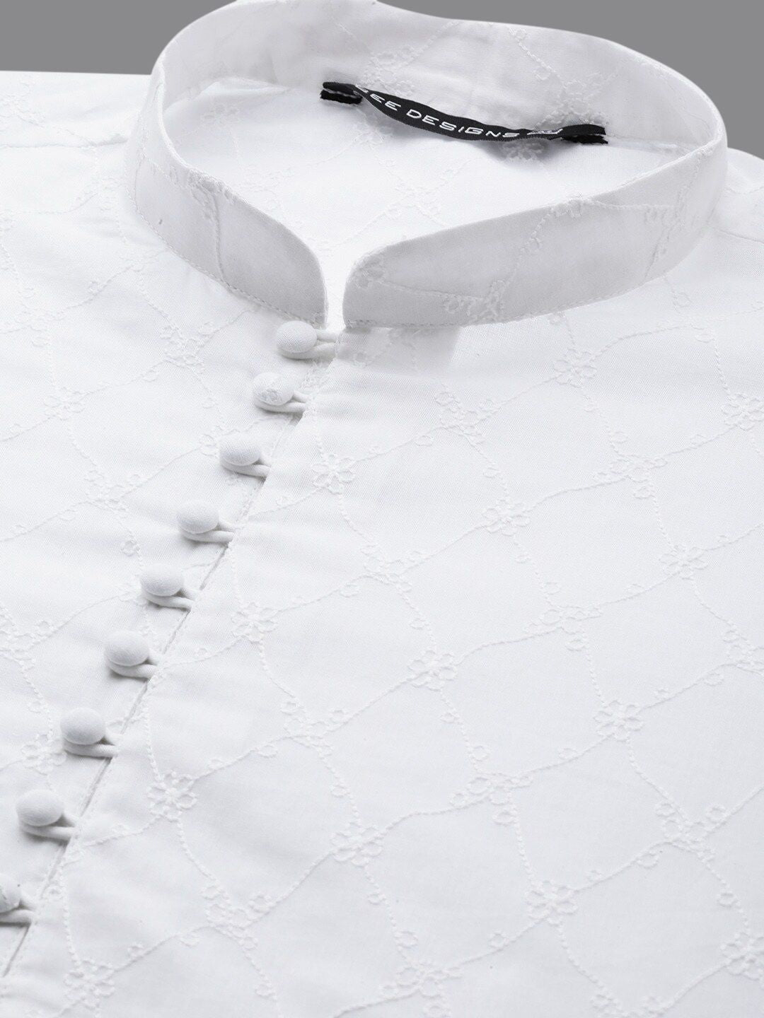 See Designs Men White Solid Chikankari Embroidered Mandarin Collar Cotton Kurta