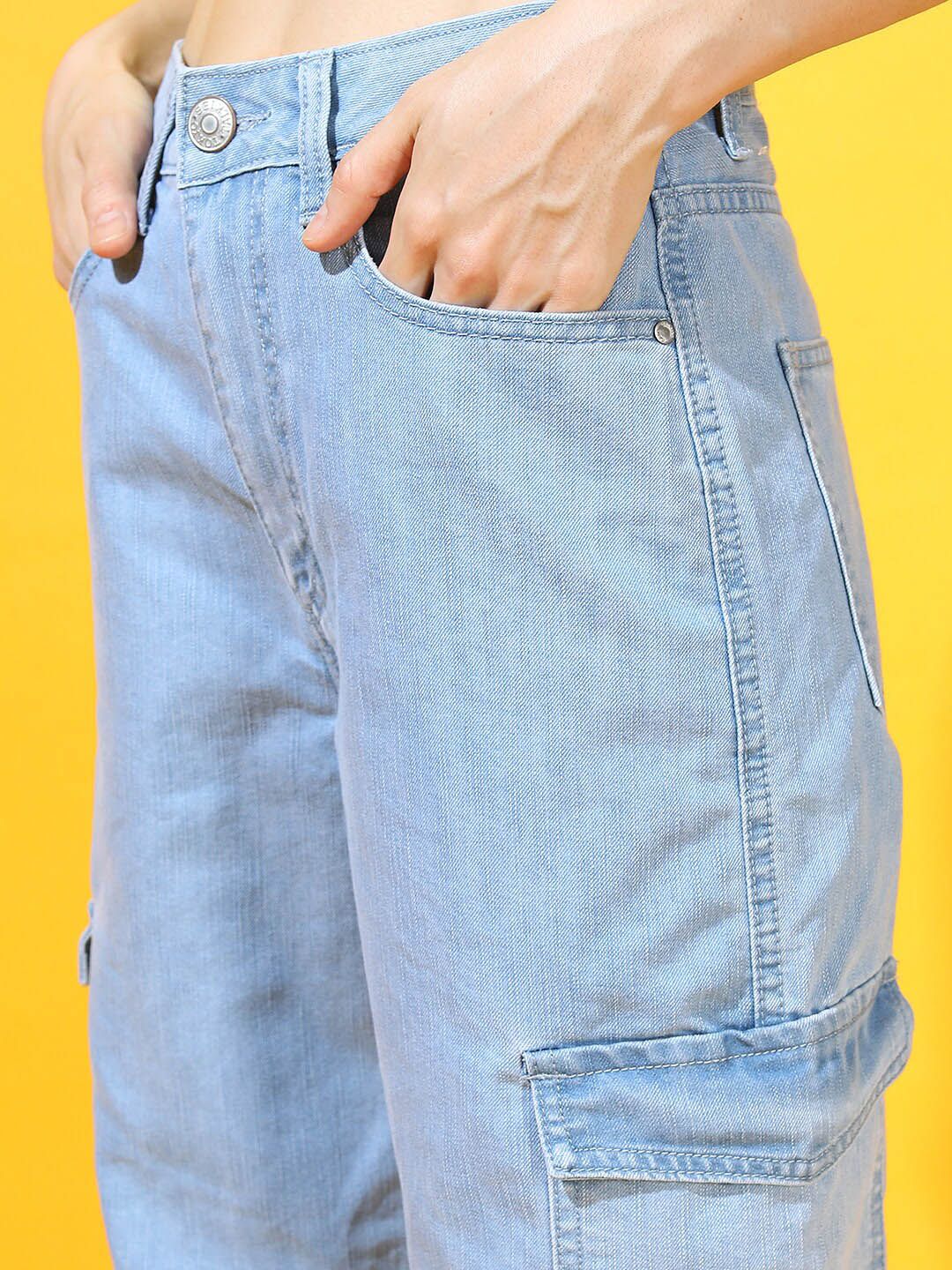 Tokyo Talkies Women Blue Clean look Flared Cargo Jeans