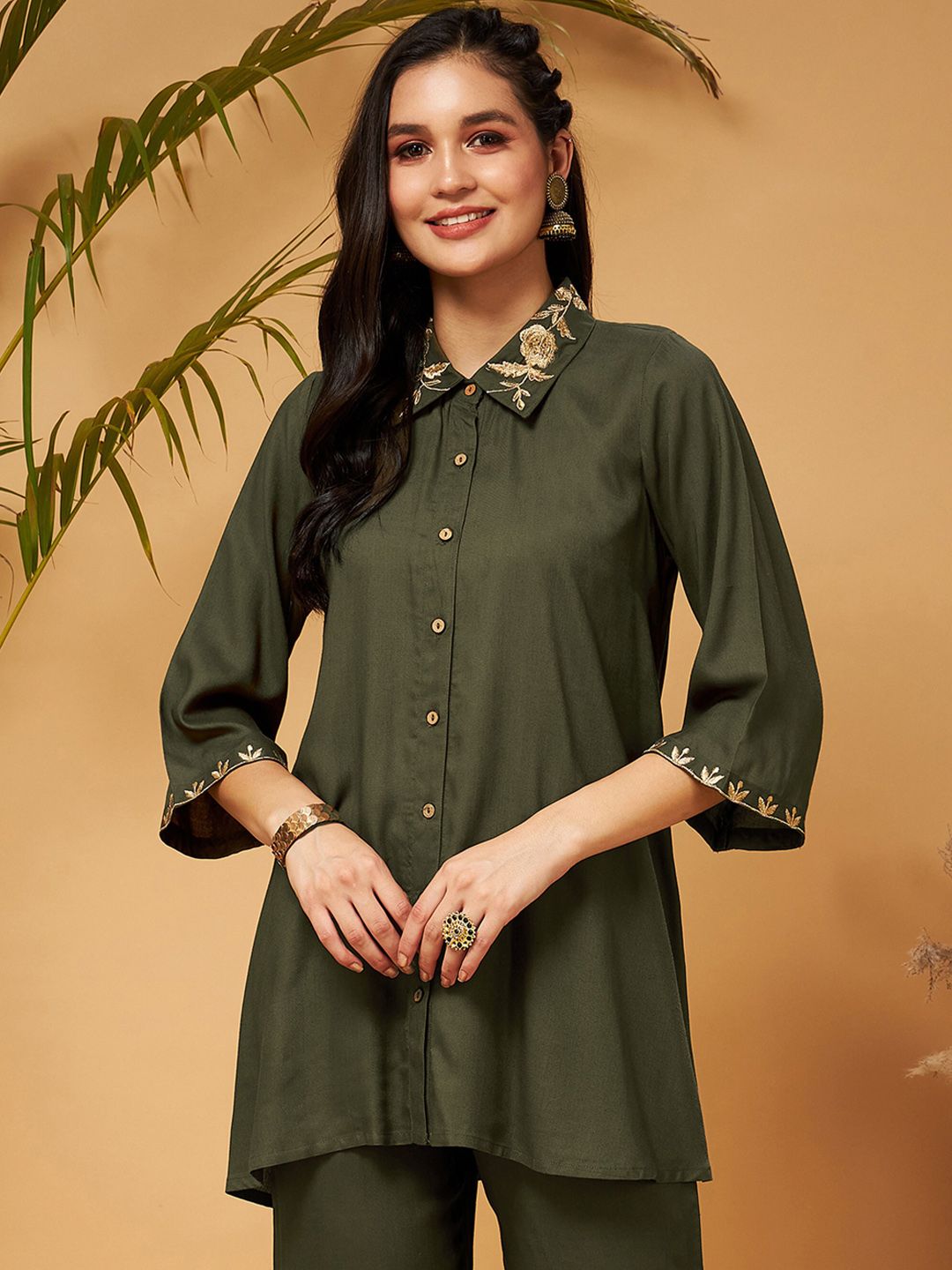 Shae by SASSAFRAS Zari Embroidered Shirt Collar Tunic Top With Palazzos Co-Ords