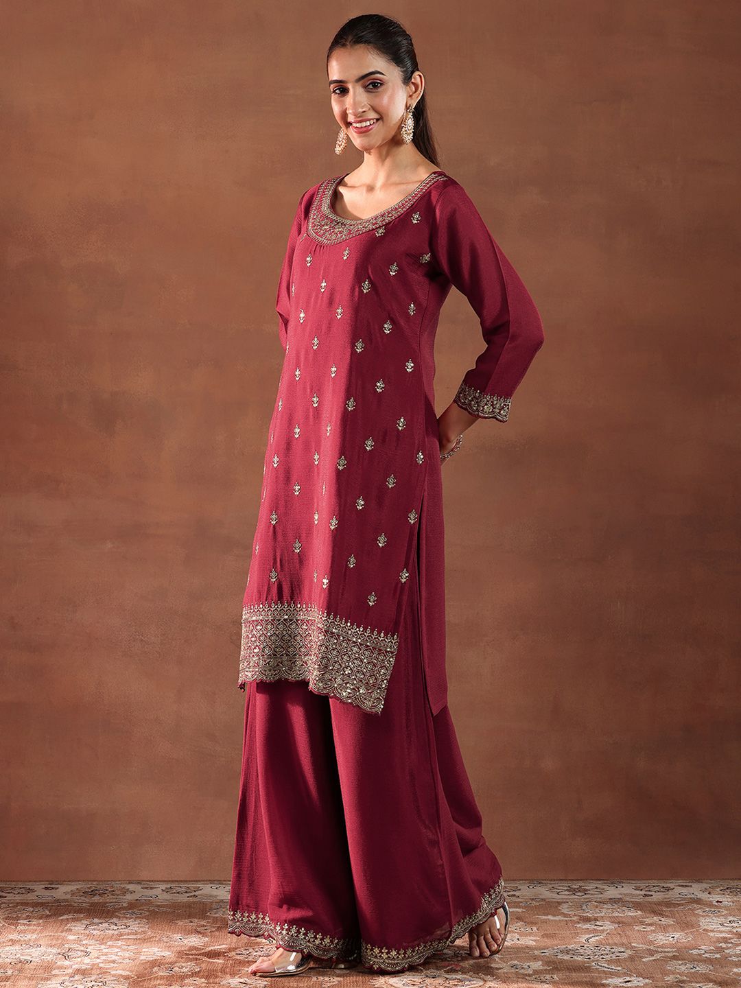 Libas Floral Embroidered Sequinned Straight Kurta with Palazzos & Dupatta