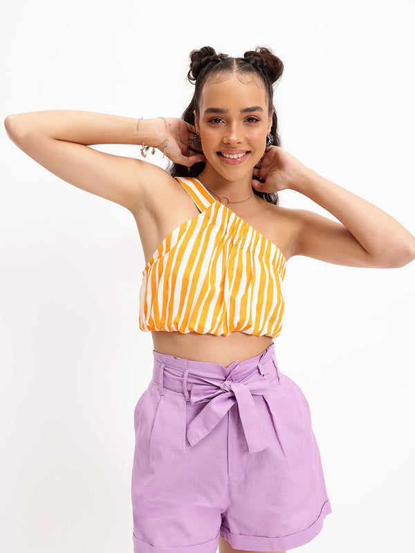 DressBerry Striped One-Shoulder Cinched waist Crop Top