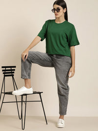DILLINGER Women Green Solid Pure Cotton Oversized T-shirt