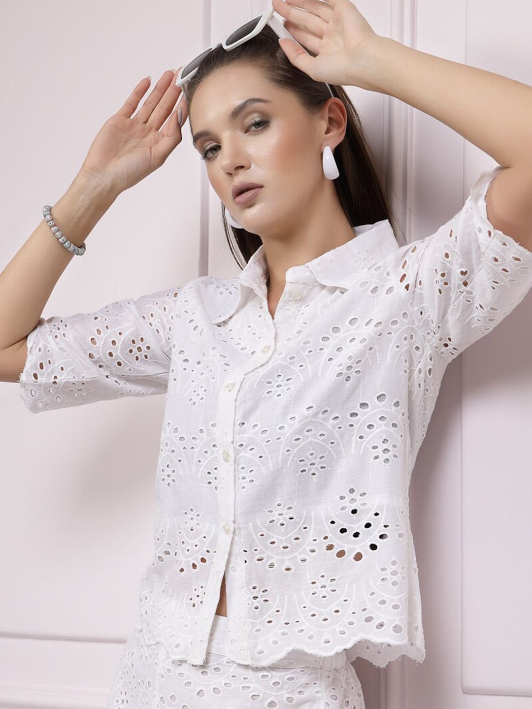 Athena Self Design Shirt Collar Schiffli Cotton Shirt Style Top