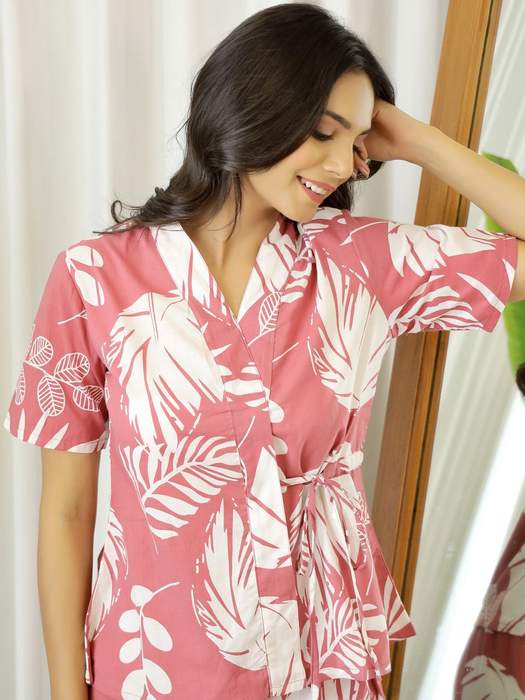 SANSKRUTIHOMES Women Rust & White Printed Pure Cotton Night suit