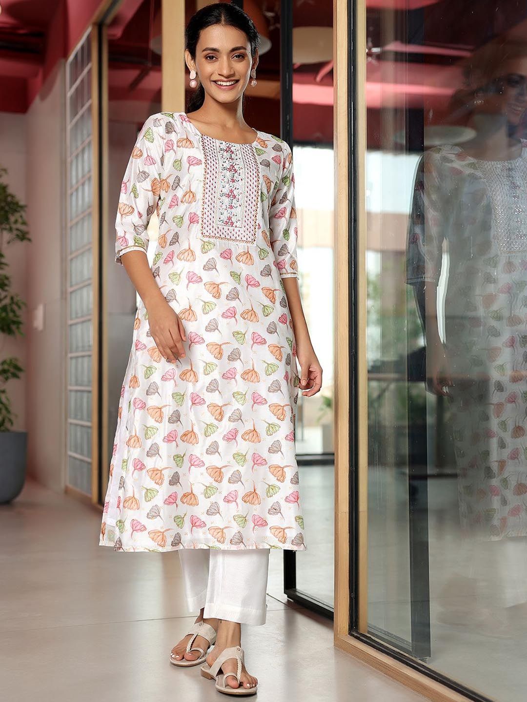Libas Floral Printed Regular Thread Work A Line Kurta with Palazzos