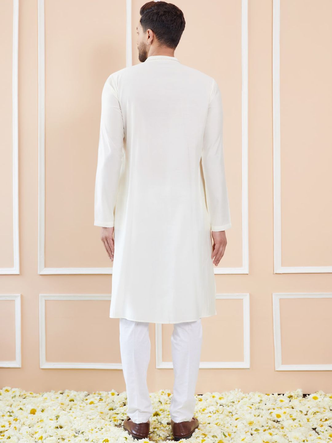 See Designs Mandarin Collar Striped Thread Work Chanderi Silk Straight Kurta