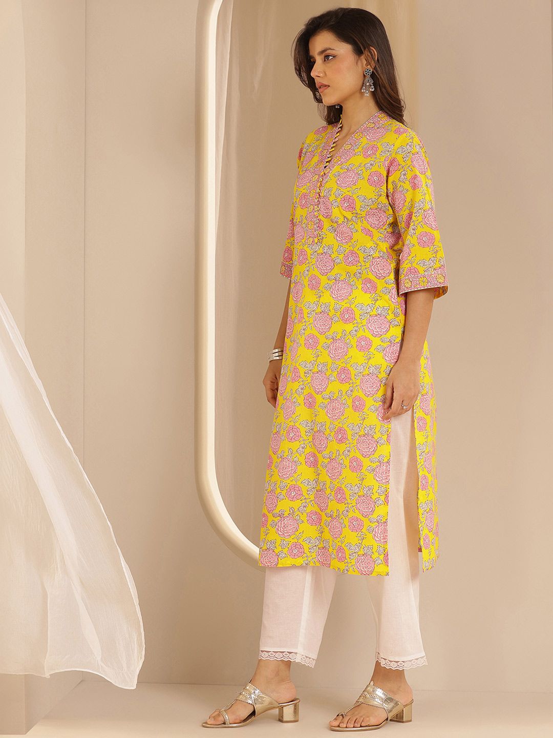 Libas Floral Printed V Neck Cotton Straight Kurta