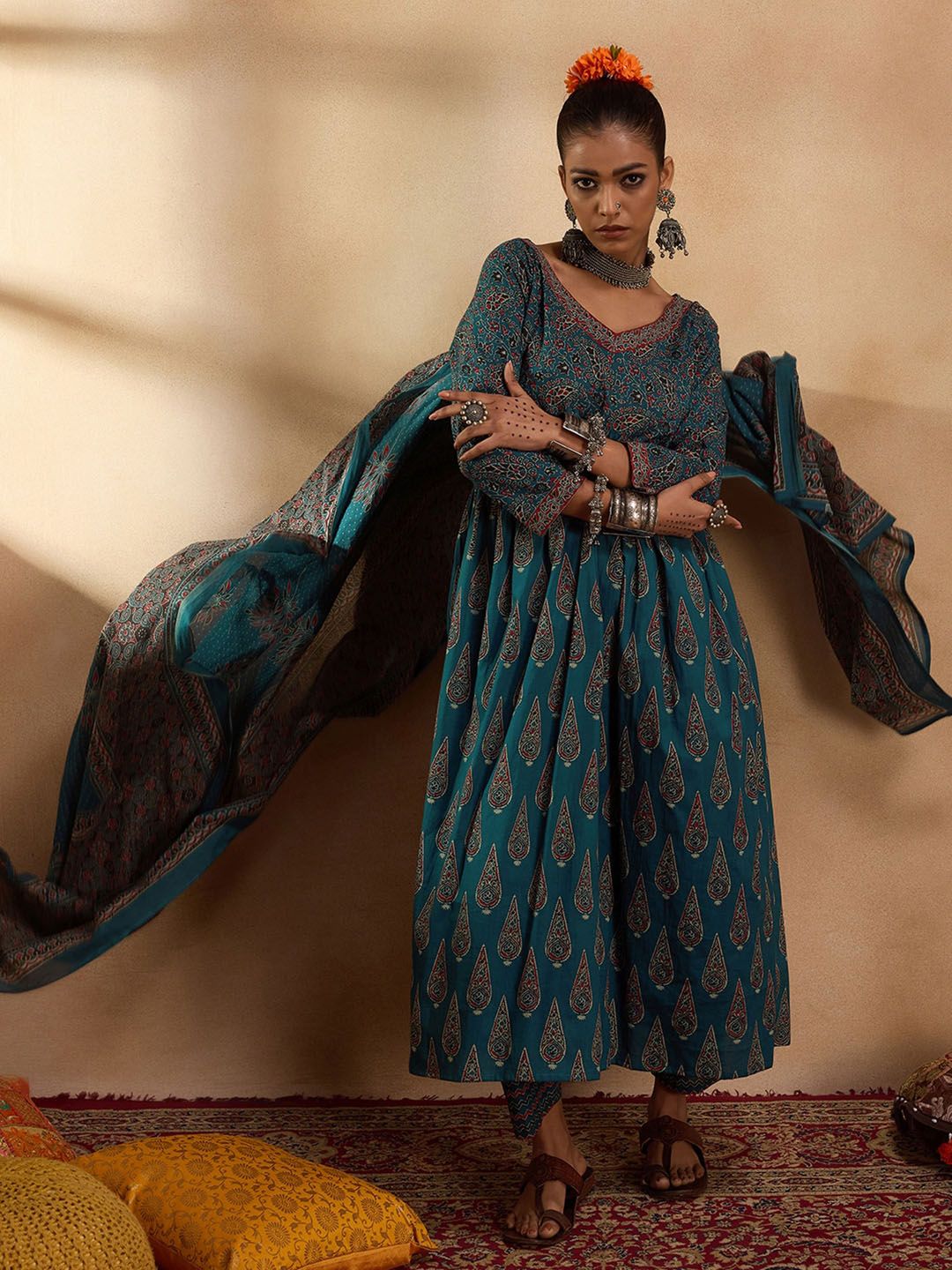 Indo Era Floral Printed Empire Pure Cotton A-Line Kurta with Trousers & Dupatta
