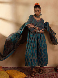 Indo Era Floral Printed Empire Pure Cotton A-Line Kurta with Trousers & Dupatta