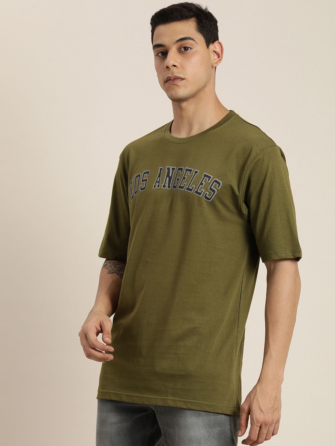 DILLINGER Men Olive Green Printed Pure Cotton Loose Oversized T-shirt