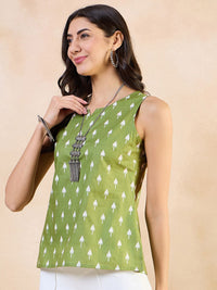 Anouk  Print Cotton Green Geometric Printed Sleeveless Top