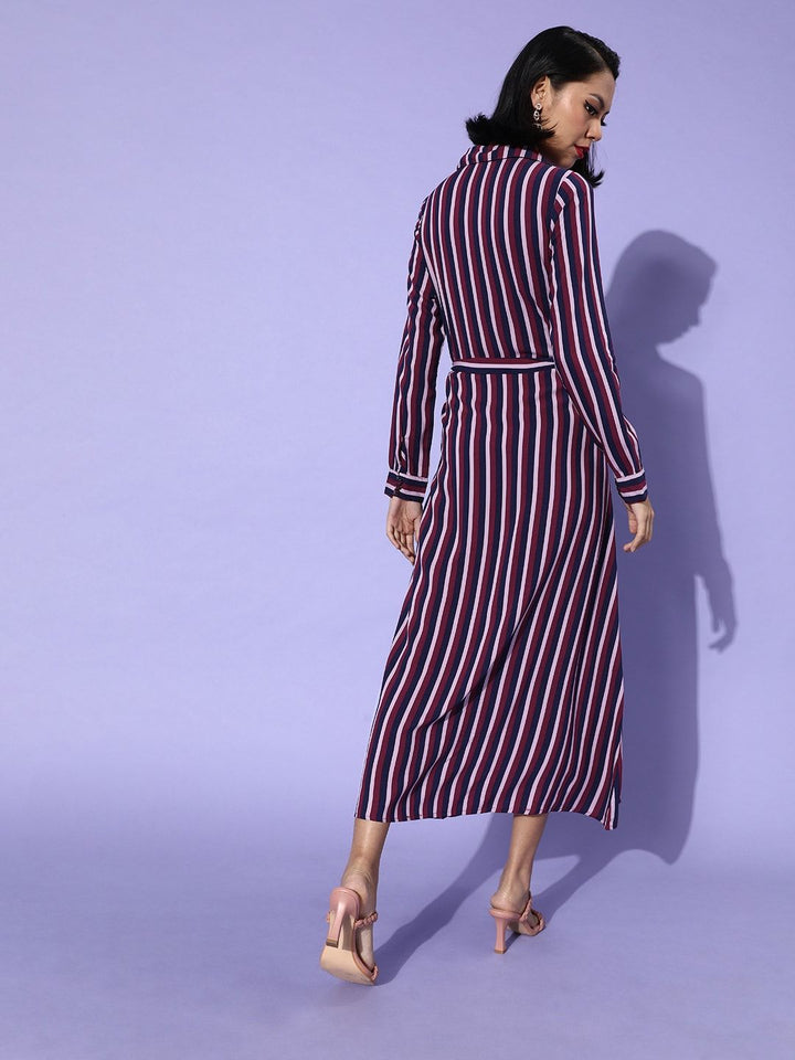 DressBerry Women Navy Blue & Maroon Striped A-Line Midi Dress