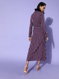 DressBerry Women Navy Blue & Maroon Striped A-Line Midi Dress