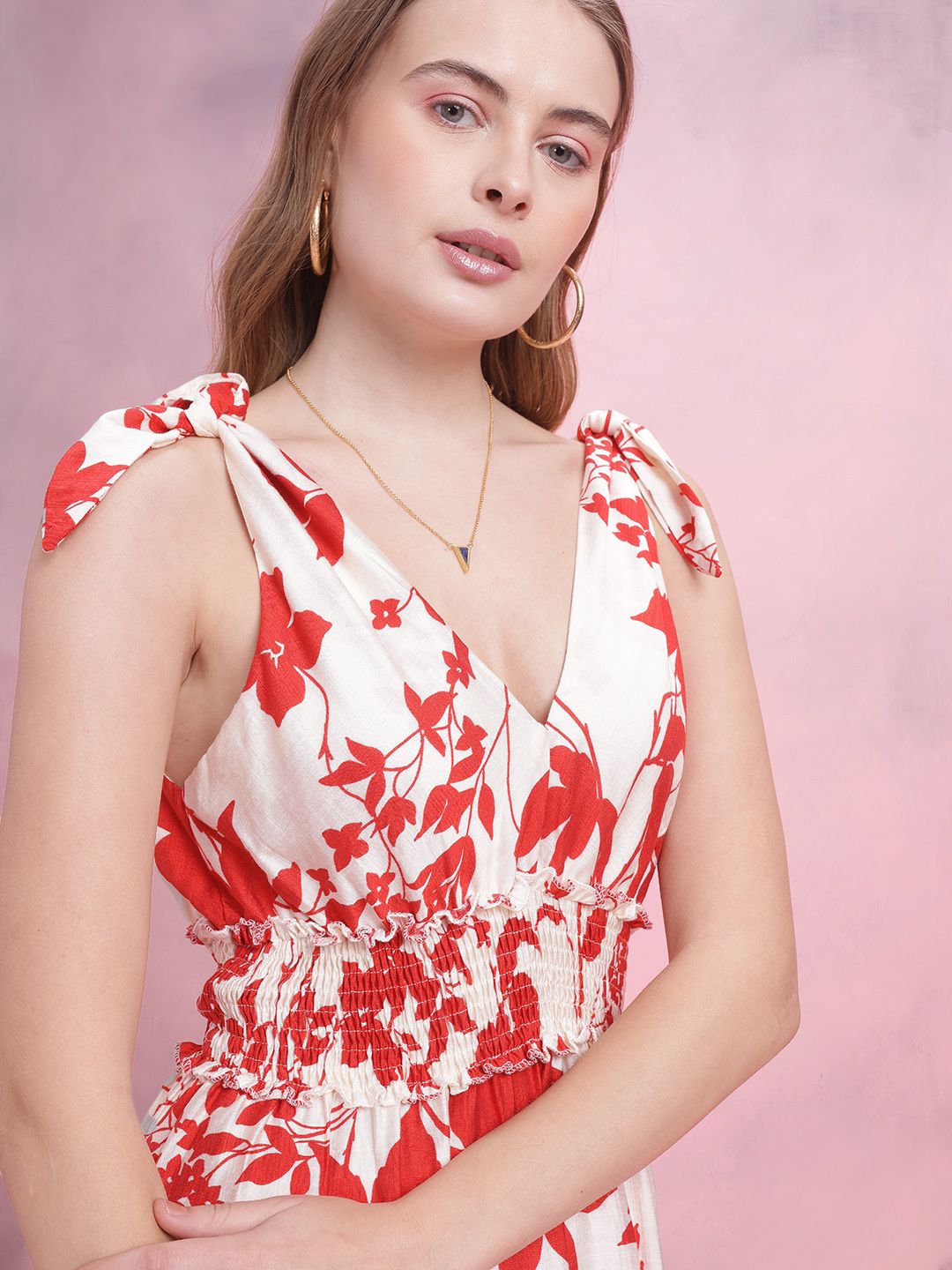 DressBerry Floral Print Smocked Midi A-Line Dress