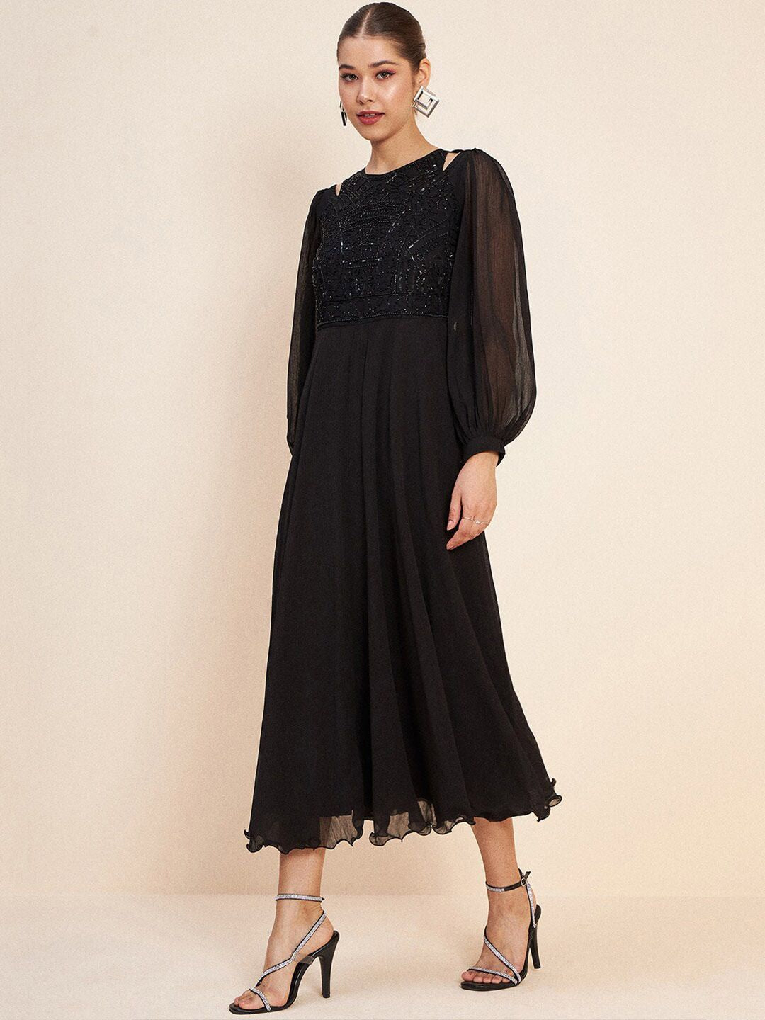 Antheaa Black Puff Sleeve Embellished Detail Fit & Flare Dress