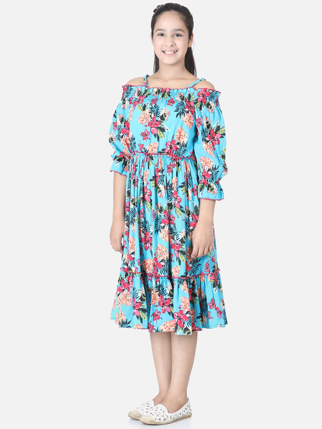 Cutiekins Girls Blue & Red Printed Fit & Flare Dress