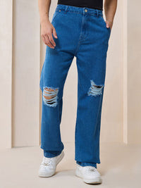 Bewakoof Men's Blue Straight Fit Distressed Mid-Rise Jeans
