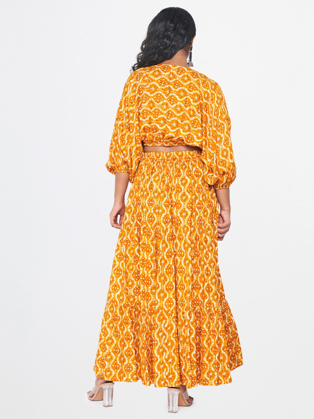 Global Desi Printed V-Neck Top & Skirt