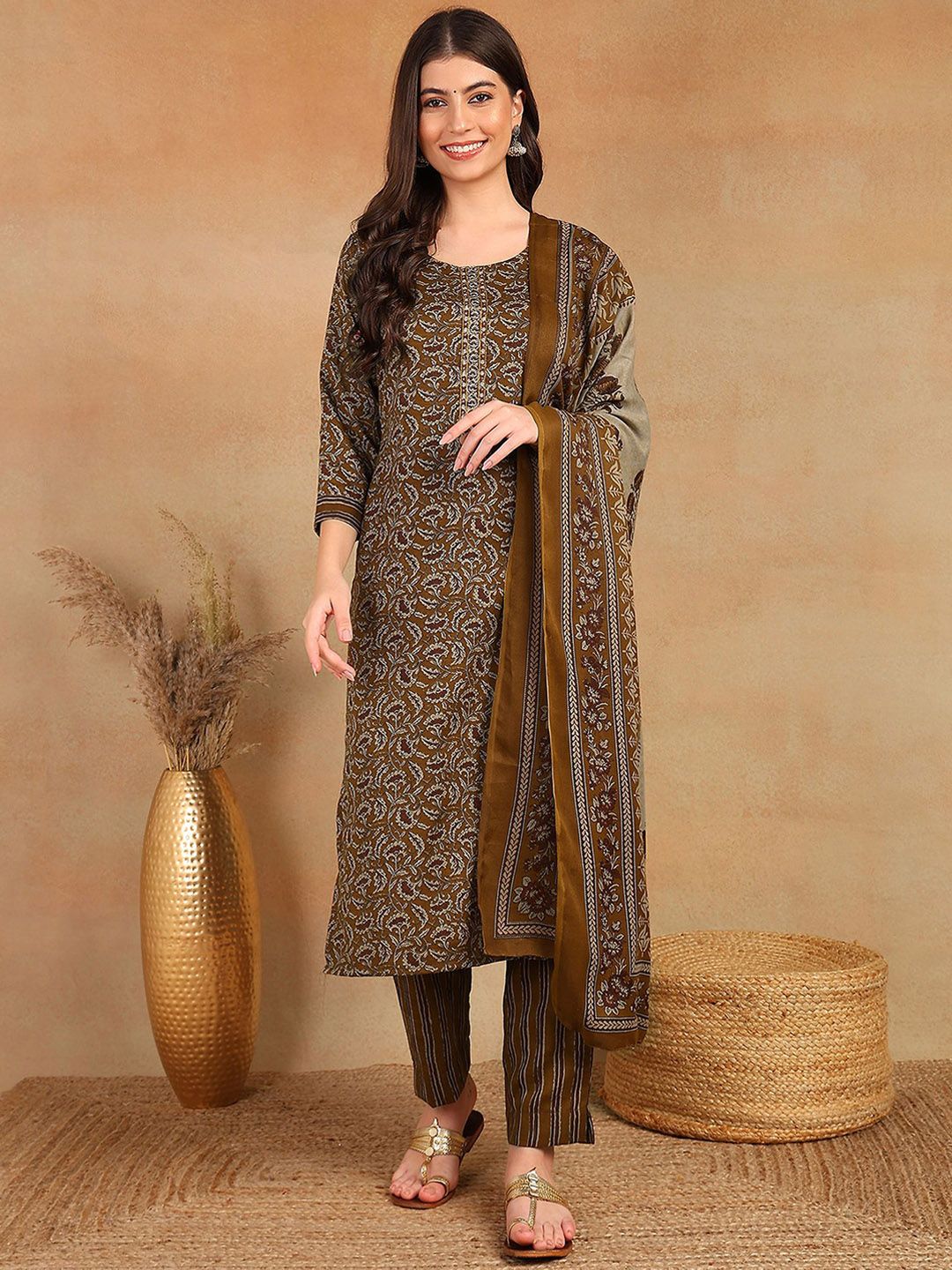 KALINI Floral Printed Thread Work Straight Kurta with Trousers & Dupatta