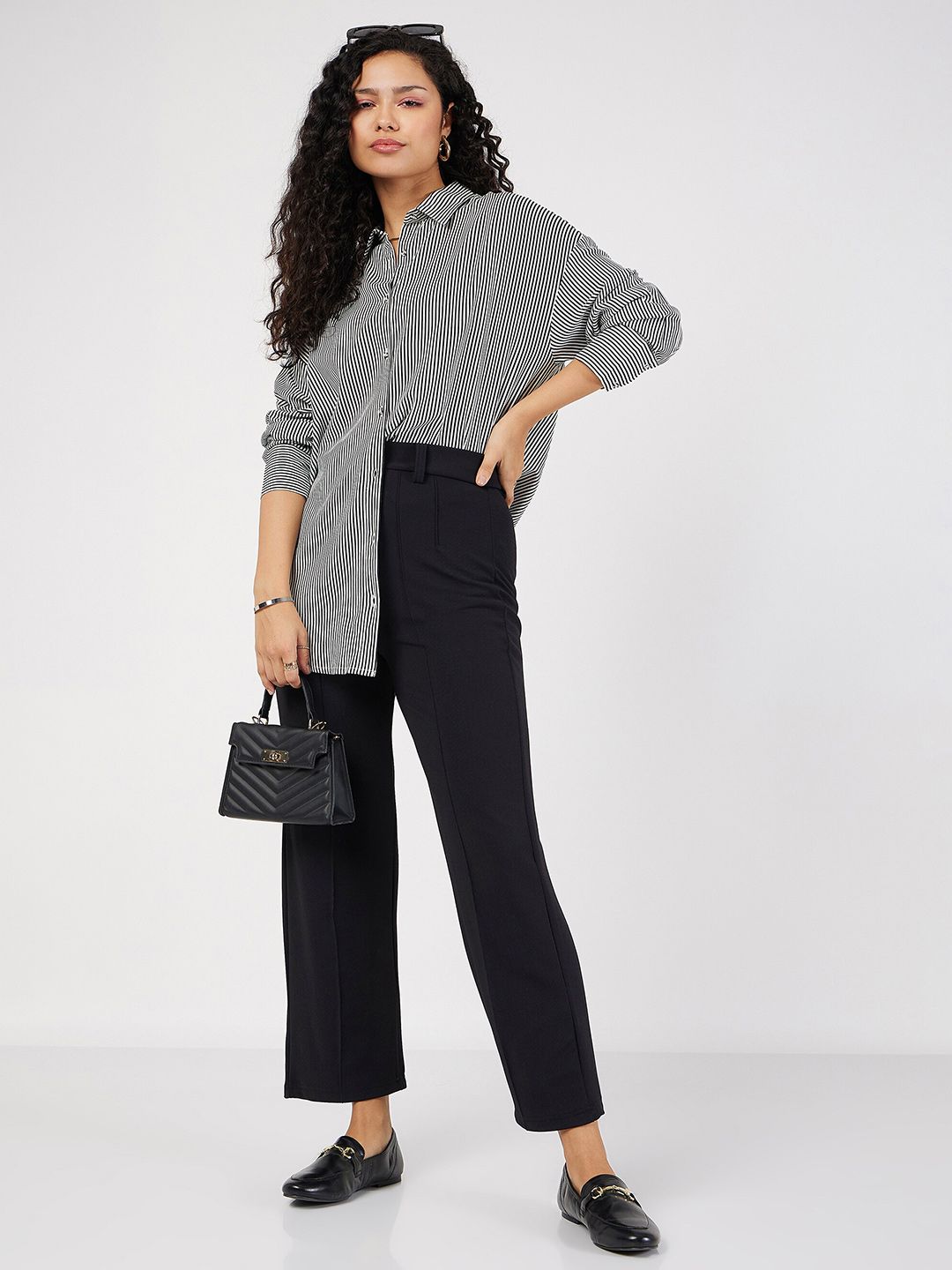 SASSAFRAS Oversized Vertical Striped Spread Collar Casual Shirt