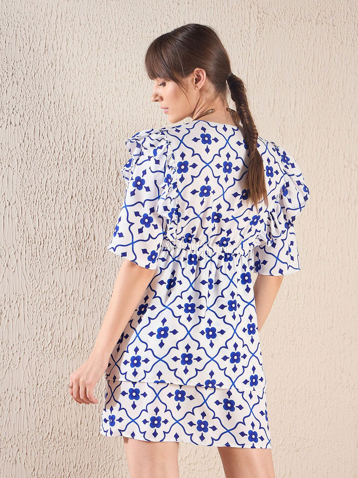SASSAFRAS Navy Blue Ethnic Motifs Printed Flared Sleeve Layered A-Line Dress