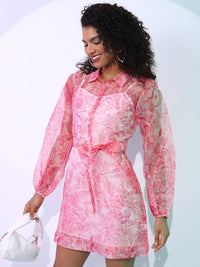 Tokyo Talkies Pink Floral Printed Organza Shirt Dress With Belt