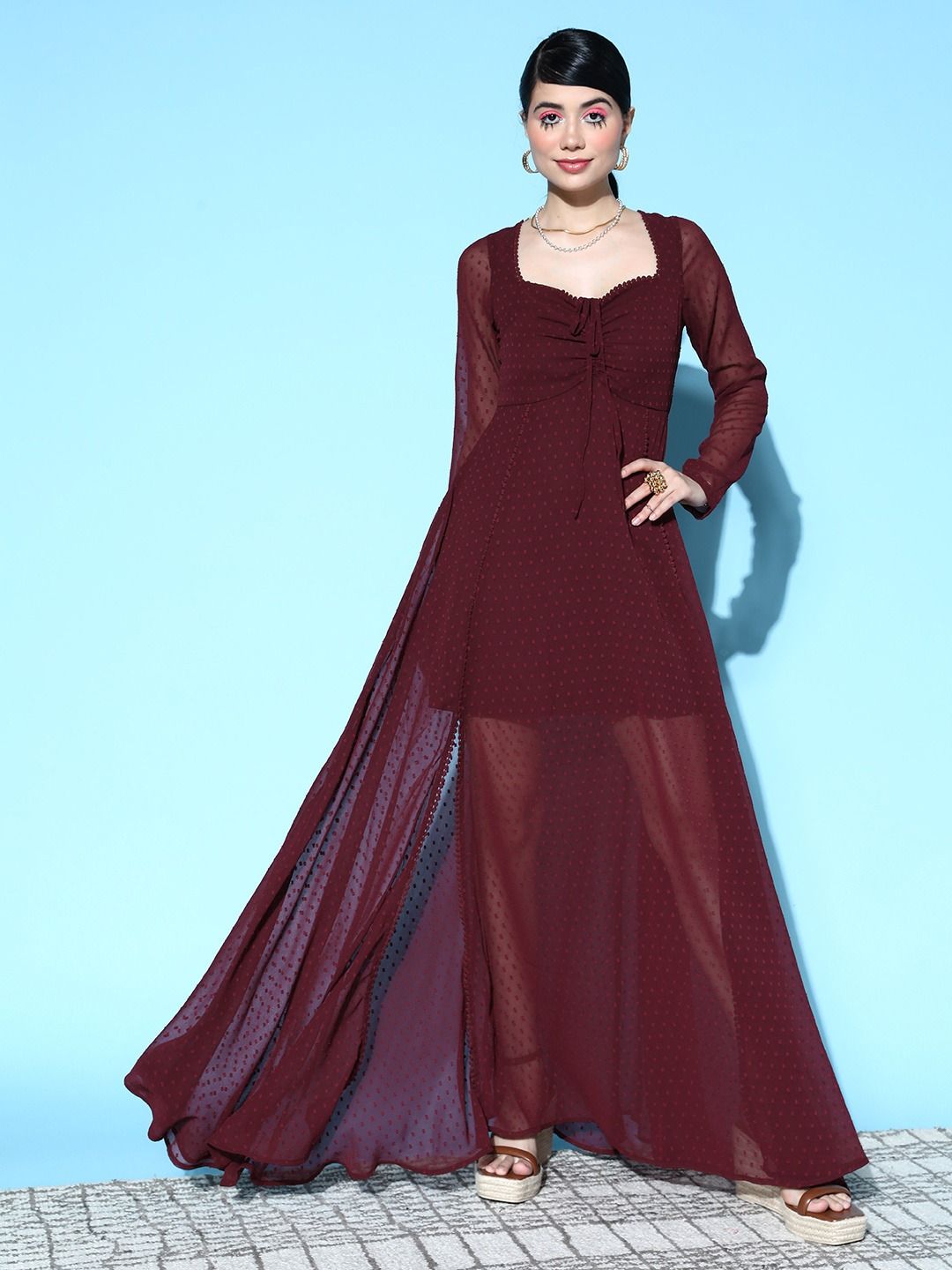 Berrylush Burgundy Swiss Dot Tied Dobby Georgette Mesh Maxi Dress