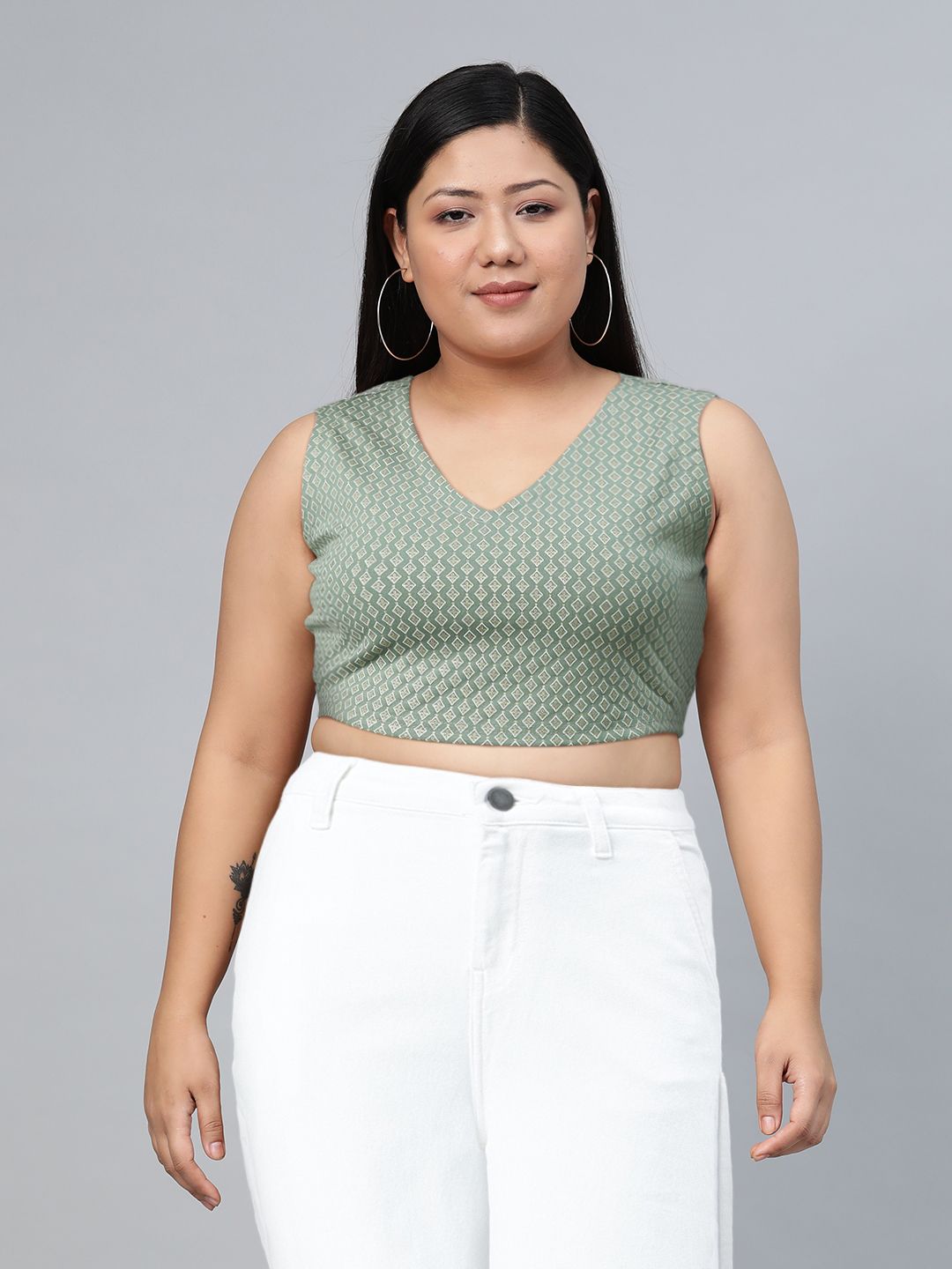Global Desi Sage Green Geometric Print Sleeveless Blouson Crop Top