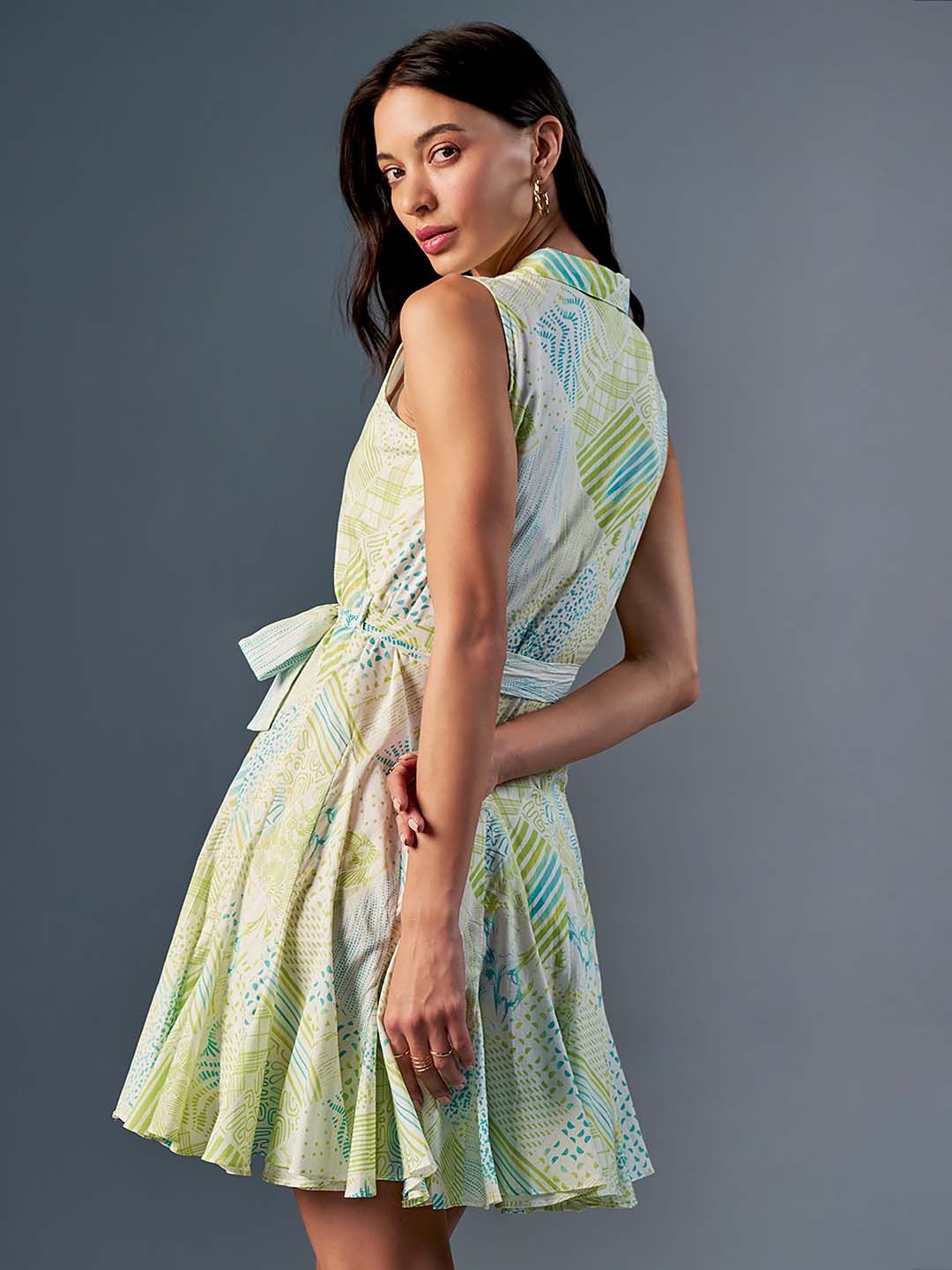 AND Shirt Collar Sleeveless Print A-Line Cotton Dress