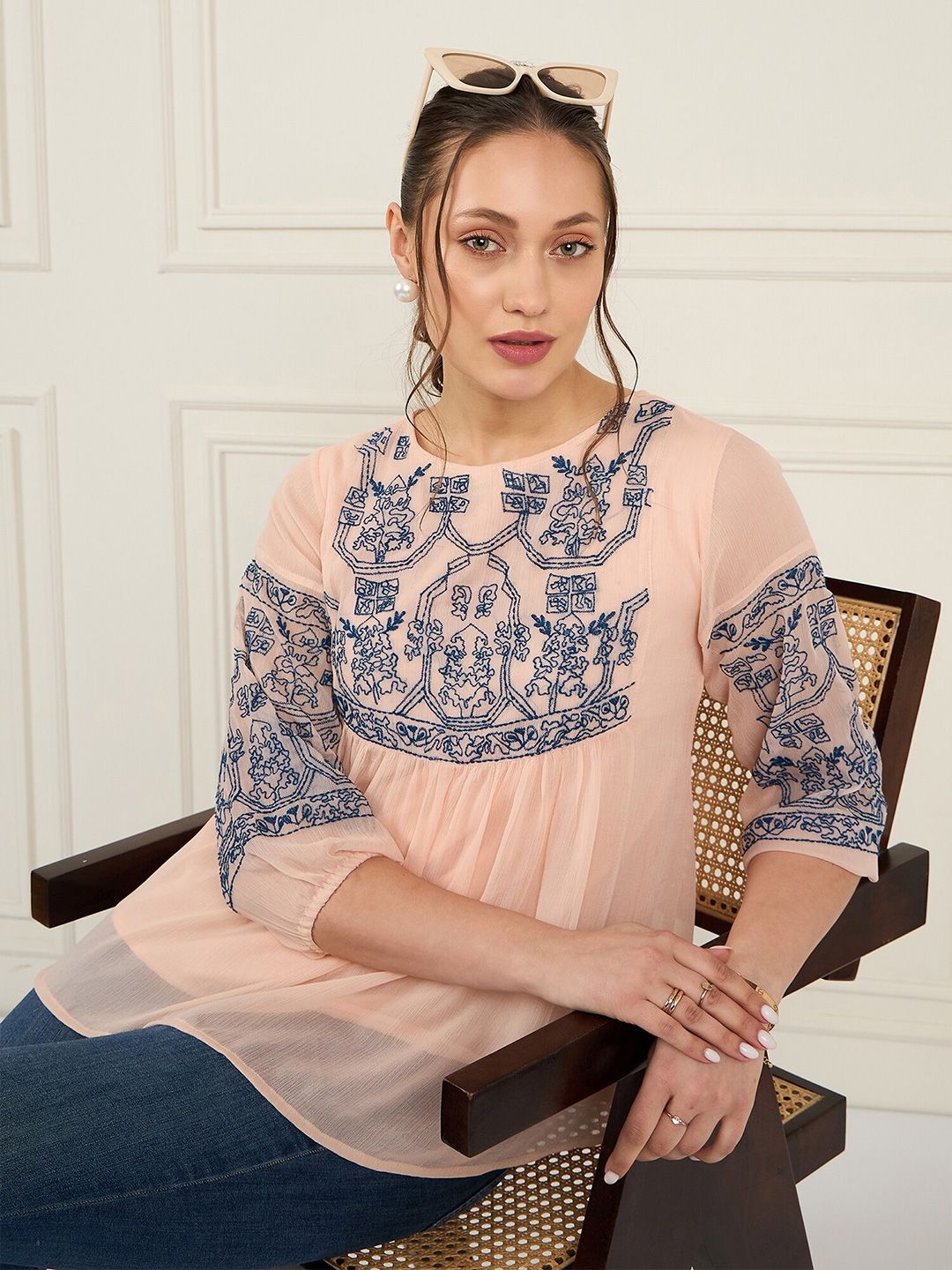 Antheaa Geometric Embroidered Puff Sleeve Chiffon A-Line Top