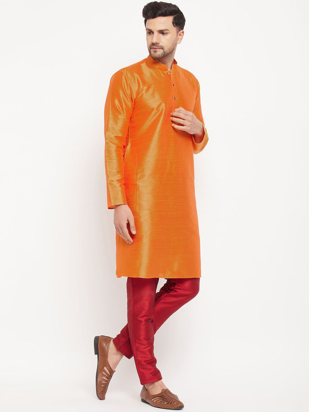 VASTRAMAY Mandarin Collar Silk Blend Straight Kurta