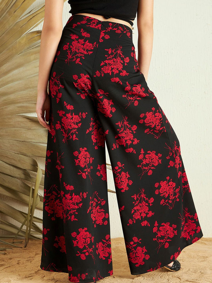 Berrylush Women Black Red Floral Printed Loose Fit High-Rise Parallel Trousers