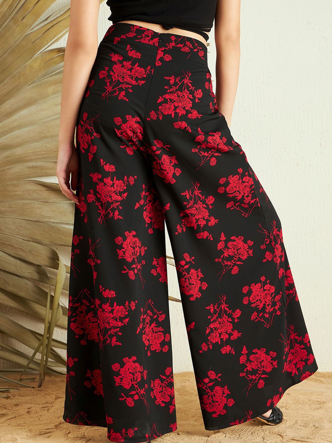 Berrylush Women Black Red Floral Printed Loose Fit High-Rise Parallel Trousers