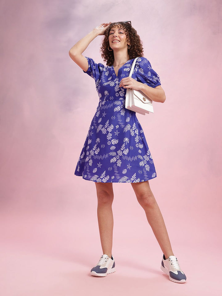 DressBerry Printed Faux Wrap Puff Sleeve A-Line Dress