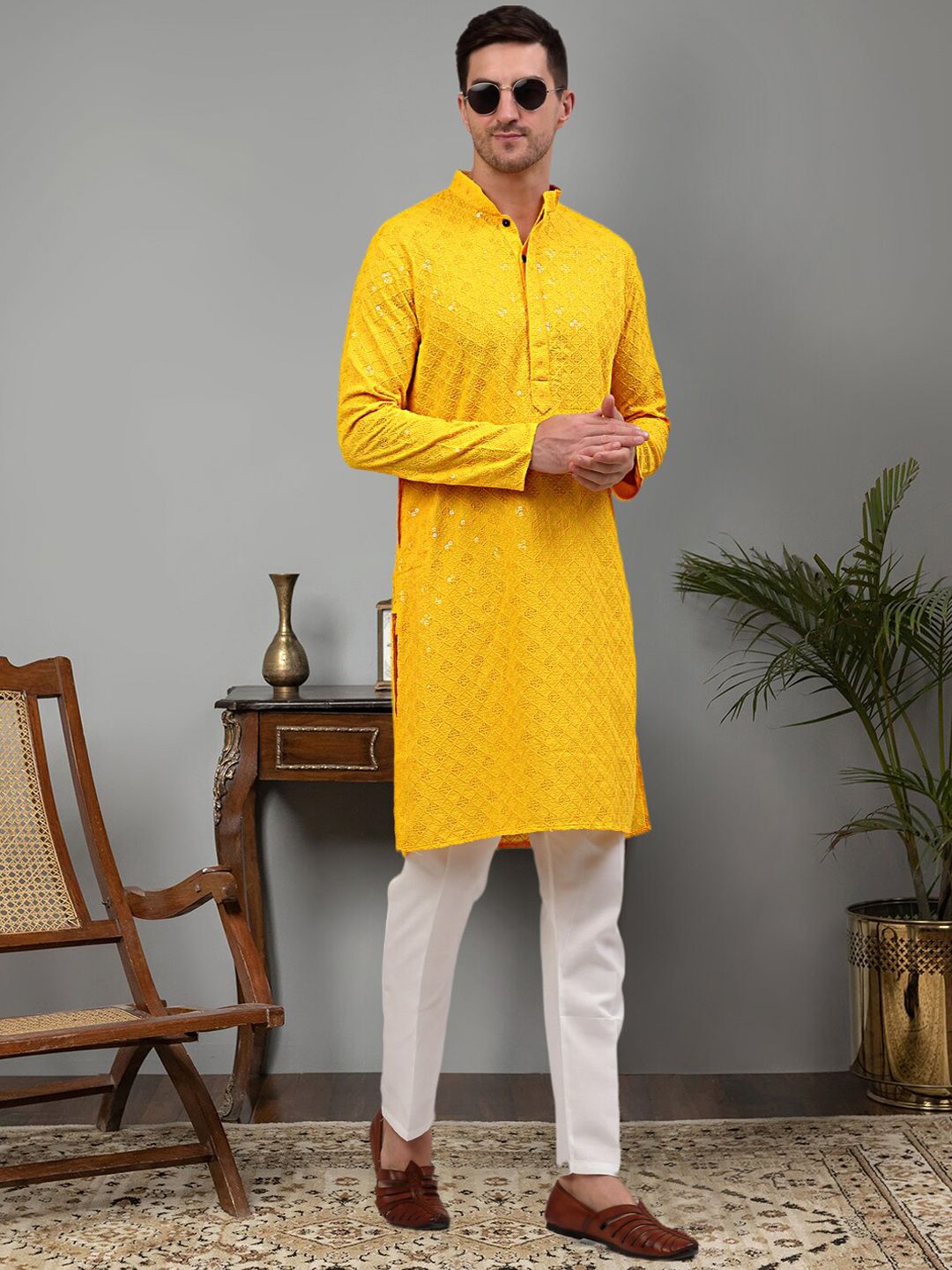 Jompers Geometric Embellished Sequinned Straight Kurta