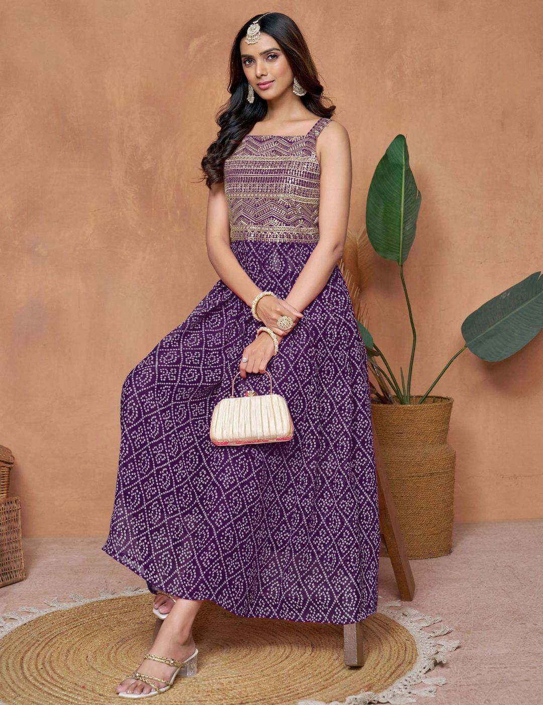 Kalini Georgette Bandhani Printed Square Neck Zari Work Anarkali Kurta