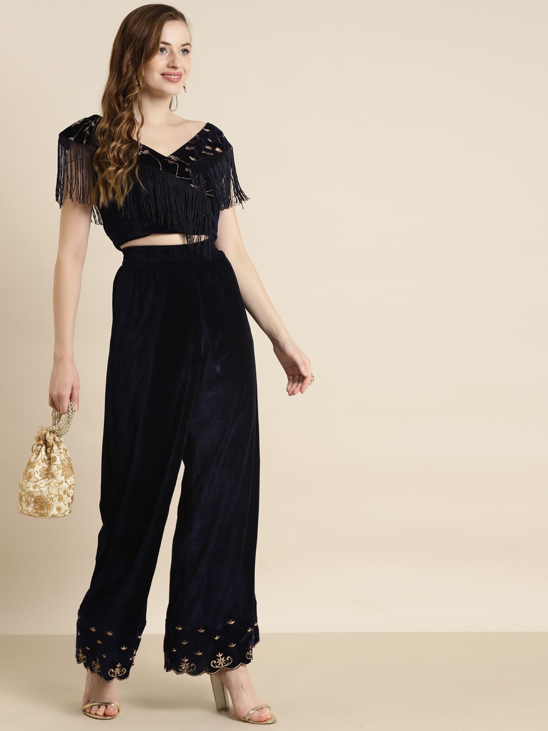 Shae by SASSAFRAS Women Navy Blue Embroidered Parallel Trousers