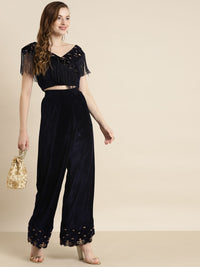 Shae by SASSAFRAS Women Navy Blue Embroidered Parallel Trousers