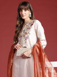 Indo Era Ethnic Motifs Embroidered Thread Work Liva Kurta With Trousers & Dupatta