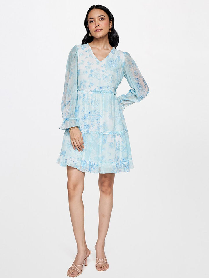 AND Floral Printed V-Neck Bell Sleeve Gathered Tiered Fit & Flare Dress
