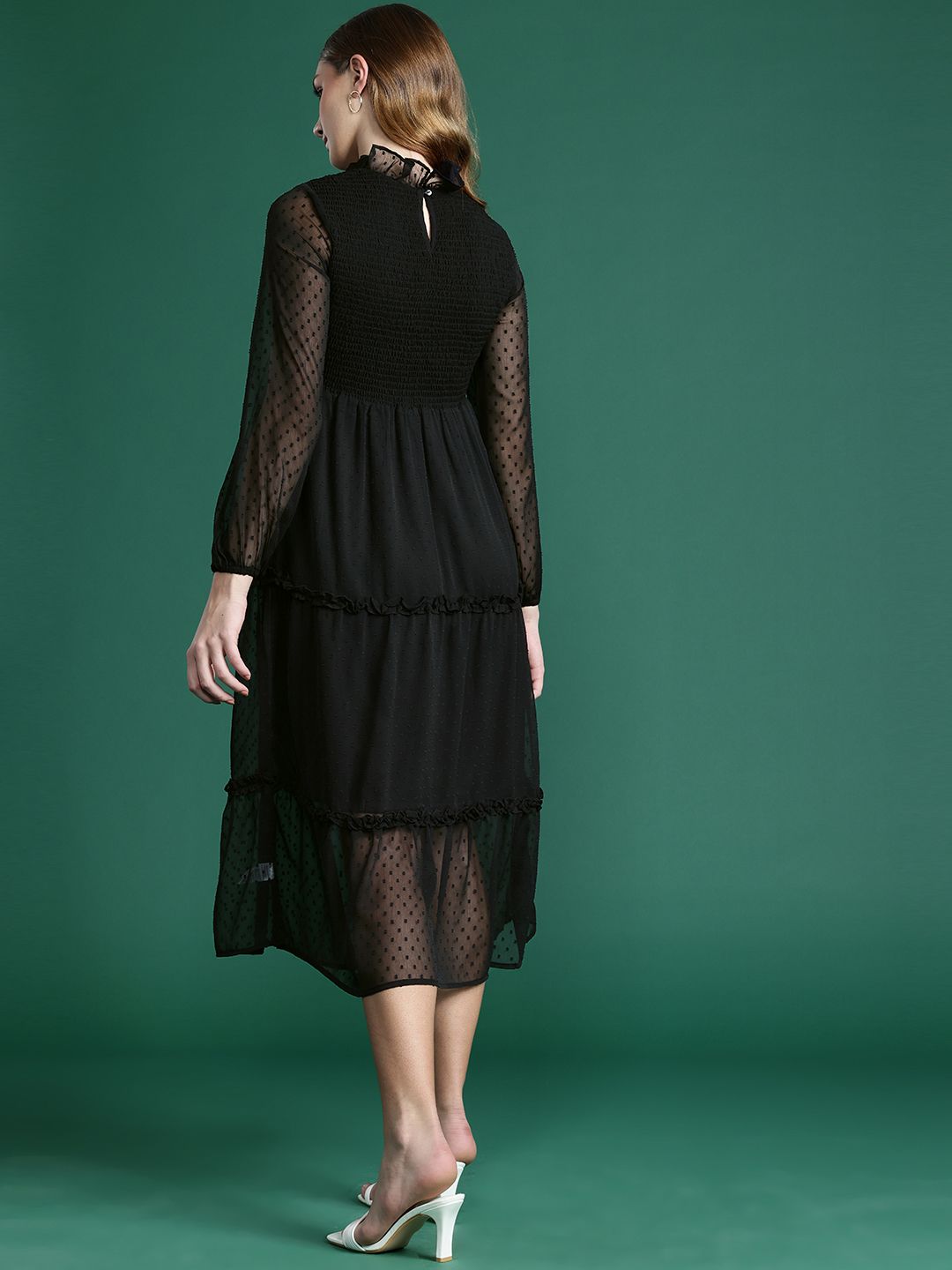 DressBerry Schiffli Smocked Tiered A-Line Midi Dress