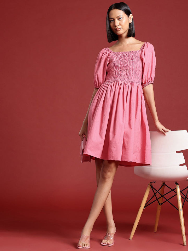 all about you Puff Sleeves Smocked Pure Cotton Fit & Flare Dress