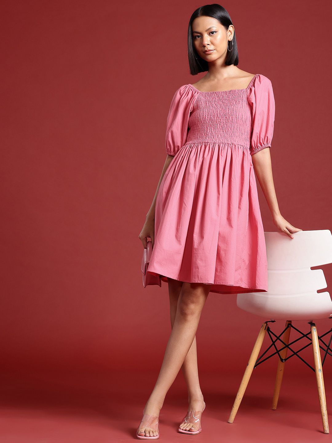 all about you Puff Sleeves Smocked Pure Cotton Fit & Flare Dress