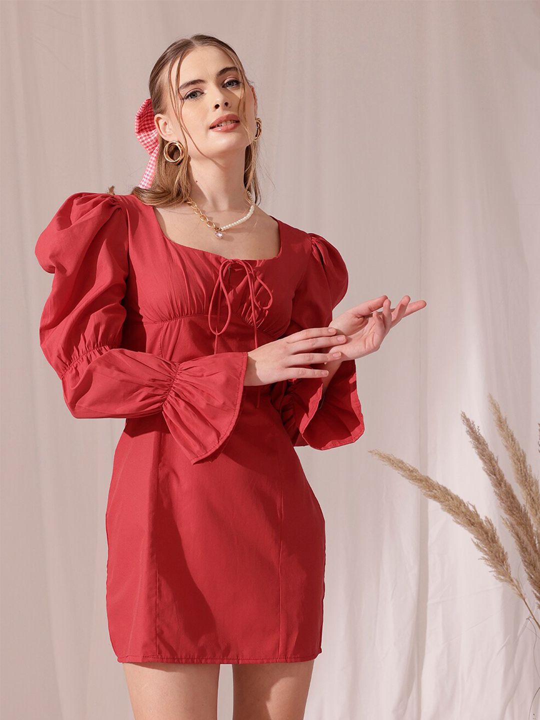 STREET 9 Tie Up Neck Puff Sleeve Pure Cotton Blouson Midi Dress