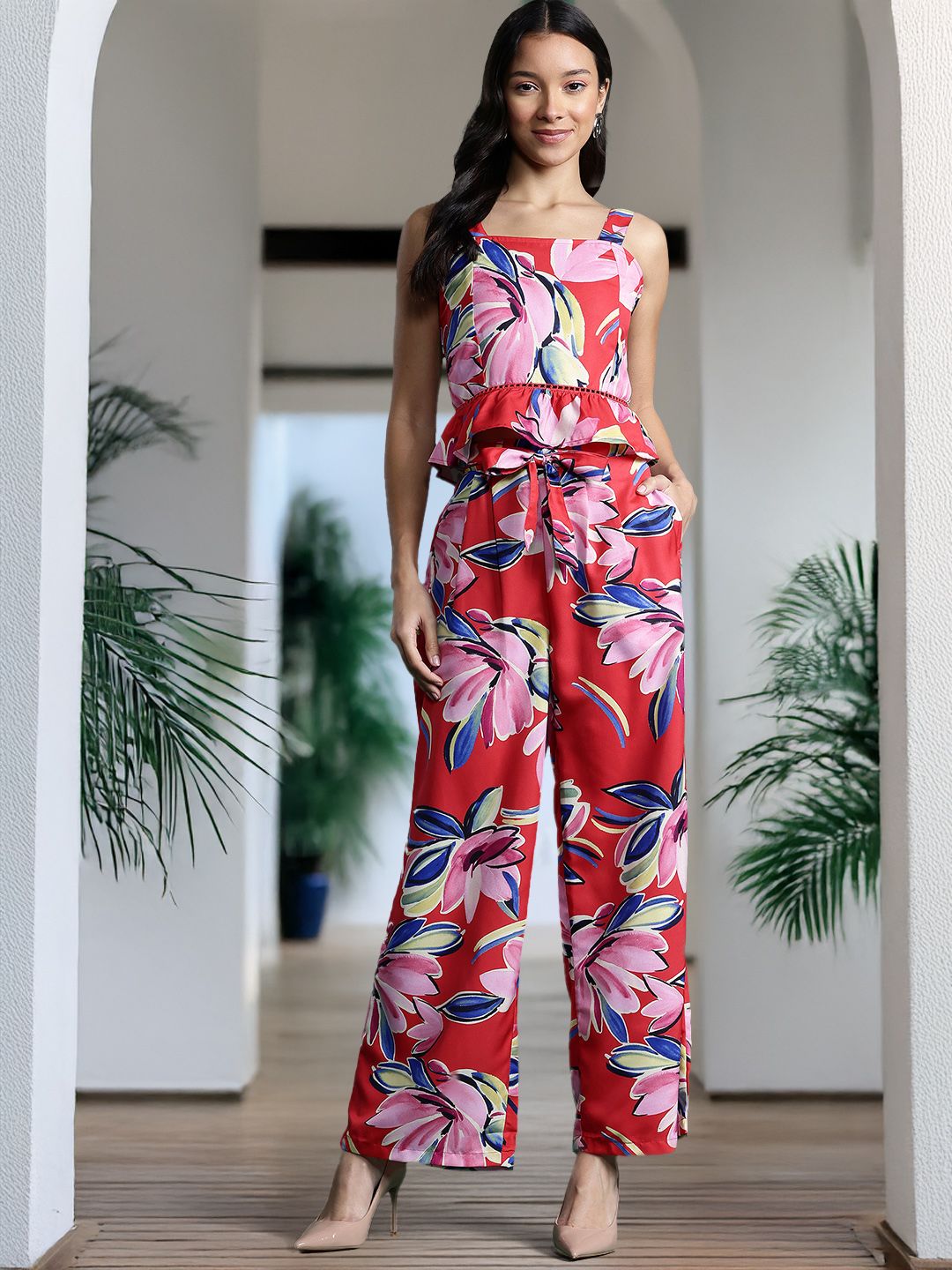 DressBerry Women Floral Printed Smocked Top with Trousers Co-Ord Set